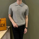Wiaofellas  -  American Style Knitted Short Sleeve Polo Shirt Men's Slim Fit Casual Versatile Elastic T-Shirt Casual Wear Polyester Fiber