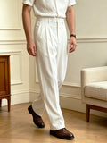 Wiaofellas  -  Spring Summer Solid Woven Italian Style Suit Pants, Men Loose Straight Leg Elegant Casual Formal Trousers for Daily Wear