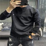 Wiaofellas  -  Stylish Solid Color Letter Embroidery Korean T-Shirt Men's Clothing Autumn New Oversized Casual Pullovers Loose Tee Shirt