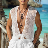WIAOFELLAS  -  Summer Men Tank Tops Mesh Hollow Out Sleeveless V Neck Lace Up Male Vests 2025 See Through Vacation Cardigan Men S-5XL