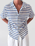 Wiaofellas  -  Daily Leisure Mens Short Sleeve Knit Shirt Summer Outdoor Casual Striped Knitted Cardigan Tops Men Stylish Buttoned Lapel Shirts