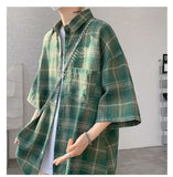 WIAOFELLAS  -  Trendy Vintage Men's Plaid Short Sleeved Casual Trousers Fashion Summer Single-breasted Turn-down Collar Shirts Male