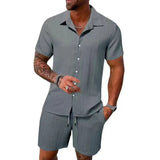 WIAOFELLAS  -  Fashion Men Two Piece Sets Cardigan Short Sleeve Lapel Shirts And Short Pant Men Stripe Outfit Summer Casual Loose Suit