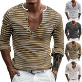 WIAOFELLAS  -  Mens Long Sleeve T-Shirt Slim Fit Striped Top Autumn Base Warm Fashion Henry Shirt Long Sleeve Pullover Versatile Men'S Clothing