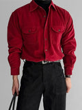 WIAOFELLAS  -  Burgundy thin corduroy shirt men's flip double patch pocket high-end mature long-sleeved red shirt men Autumn clothes
