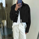 WIAOFELLAS  -  Men Shirt Solid Color Lapel Long Sleeve Loose Casual Male Crop Tops Streetwear Korean Style 2026 Fashion Men Clothing