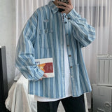 Wiaofellas   -  Oversized Men's Shirt Autumn New Striped Denim Shirt Korean Trend Handsome Loose Hole Long Sleeve Tops Vintage 2Y2321