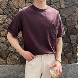 Wiaofellas  -  Trendy Pockets Pure Color Cotton T Shirt Men Short Sleeve O Neck Casual Tees For Male Summer Fashion Simple Loose Mens T-shirts