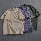 WIAOFELLAS  -  Heavy washing process short sleeve T-shirt men's American fashion loose off shoulder sleeve heavy round neck cotton solid color