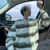 WIAOFELLAS  -  Autumn Korean Striped Sweatshirt Men Spring Trendy Loose Round Neck Tops Korean Version Lazy Style Hoodie Men Outerwear Pullover