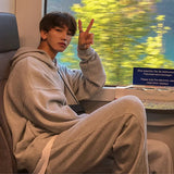 Wiaofellas Korean Menswear Fashion Grey Loose Hooded Sweatshirt Casual Pants Set Spring New Tops And Pants Are Sold Separately