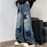 WIAOFELLAS  -  Jeans Men Straight Star Embroidery Patchwork Autumn jeans uomo Wide Leg Hip-hop Fashion Youth Neutral Streetwear Denim Trousers