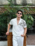 Wiaofellas  -  Summer Embroidered V-neck T-shirt for Men Cotton Short Sleeved Casual T-shirt Relaxed Beach Vacation T-shirts Men Clothing