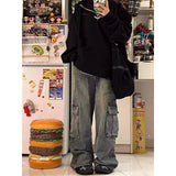 WIAOFELLAS  -  American Retro Multi Pocket Workwear Jeans Men Women Spring High Street Loose Wide Leg Straight Leg Casual Pants Y2k Men Jeans