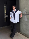 Wiaofellas  -  Men Blue Striped Long Sleeve Shirt Detachable Shawl Design American Style Loose Oversized Casual Tops Fashion Trend Retro