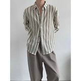 Wiaofellas  -  Korean Style Design Sense Hollow Striped Shirt Men's Casual Loose Iron-free Drooping Long-sleeved Shirt Niche