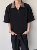 WIAOFELLAS  -  Fashion Men's Zipper Spliced Contrast Color Loose T-shirts Trendy Lapel Short Sleeves Casual Tops Male 2025 Summer 2A0921