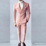 WIAOFELLAS -  Pink Fashion Sunshine Men Suits Double Breasted 2 Pieces (Jacket+Pants) Peaked Collar Slim Fit Set for Wedding Party Tuxedos