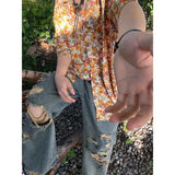 WIAOFELLAS  -  Retro Floral Boyfriend Summer New Patchwork Shirt Collar Button Comfortable and Loose All Match Casual Short Sleeved Shirts