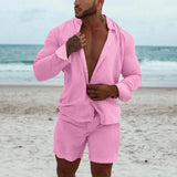 Wiaofellas  -  Men's Shorts Set Button-up Long Sleeve Shirt + Shorts Casual Beach Outfits Men Two Piece Tracksuit Fashion Streetwear