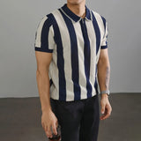 WIAOFELLAS  -  Men's Half-Zip Striped Knitted Short-Sleeved Polo Shirt American Retro Fashion Trend Casual Simple Loose Breathable Men's Tops