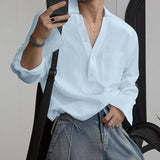 WIAOFELLAS  -  Men Shirt Solid Color Long Sleeve Koran Style Casual Men Clothing V Neck Streetwear Drawstring Shirts Fashion Male Tops