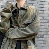 Wiaofellas - American Retro Distressed Shoulder Pad Denim Jacket Spring Autumn Men's Causal Loose Handsome Workwear Jackets Top Male Clothes