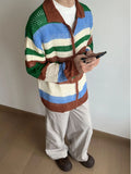 Wiaofellas  -  Contrast Color Striped Dual Zippers Cardigan Japanese Hollow Out Men and Women Jackets Y2k Aesthetic Streetwear Women Tops