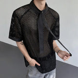 WIAOFELLAS  -  Summer Men's Fashion Spliced Irregular Ribbon Hollow Out Design Shirt New Stand Collar Long Sleeves Blouse Male