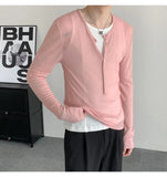 WIAOFELLAS  -  Emerald green deep v-neck perspective long-sleeved T-shirt men's ascetic slim tulle blouse lazy inner Henry collar top