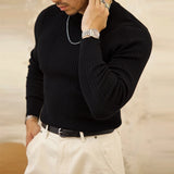 WIAOFELLAS  -  Trendy Bottoming Tees Mens Knitted Solid Color Texture Long Sleeve T-shirts For Men Spring Fall Stylish Slim Stretch O Neck Tops