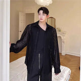 WIAOFELLAS  -  Fashion Men's Lace Plaid Solid Color Casual Loose Shirts Trendy Single-breasted Turn Down Collar Blouses Male Summer