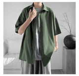 WIAOFELLAS  -  Simple Men's Shirts Turn-down Collar Ice Silk Solid Color Short Sleeved Loose Menswear Single Breasted Male Tops