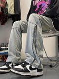 WIAOFELLAS  -  New American Retro Zipper Jeans Men's Washed Straight Leg Micro Flared Pants High Street Vibe Trendy Brand