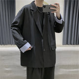 Wiaofellas  -  Retro Striped Loose Fit Men's Suit Jacket Trendy Casual Long Sleeve Shirt Two Button Single Row Button Decorative Fashion Brand