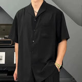 WIAOFELLAS  -  Summer New Men's V-neck Solid Color Thin Short Sleeve Shirt Retro Fashion Trend Casual Simple Loose Breathable Men's Tops