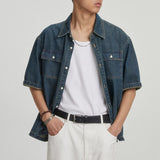 WIAOFELLAS  -  American Style Men's Denim Shirts Lapel Pocket Solid Color Short Sleeve Loose Tops Single Breasted Male Shirt Chic