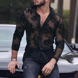 WIAOFELLAS  -  Mens Breathable Lace Casual Long-Sleeved Mesh Shirt Autumn New Transparent Fashion Trend Stage Party Sexy Mesh Shirt Mens Wear