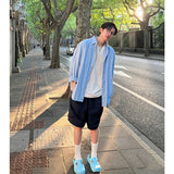 WIAOFELLAS  -  Blue Long Sve irt Jaet for Men Summer Casual Sun Protection Loose Fit Youthful Sle Faionable Flip Collar Top