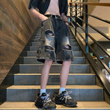 WIAOFELLAS  -  Mens Denim Shorts Ripped Trendy Y2k Lightning Pattern Shorts High Street American Style Versatile Retro Shorts Thin Summer