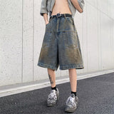 WIAOFELLAS  -  Vintage Men Gradient Soliced Big Pocket Denim Shorts Fashion High Street Loose Straight Short Pants Male Summer
