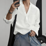 WIAOFELLAS  -  Men Shirt Solid Color Long Sleeve Koran Style Casual Men Clothing V Neck Streetwear Drawstring Shirts Fashion Male Tops