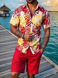 WIAOFELLAS  -  Men's Casual Vacation Shirt set, short-sleeved button-down shirt, Monstera Printed Hawaiian And shorts, 2-piece Set