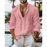 Wiaofellas  -  Men's Spring And Summer Cotton Linen Shirts New Men's Solid Color  Long Sleeve Shirt Loose Lapel Casual Beach Style Shirt
