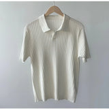 WIAOFELLAS  -  Fashion Solid Color Ribbed Knit Polo Shirt Men Slim Fit Short Sleeve Tops Tee  Summer Temperament Youth Polos Tshirts Clothing