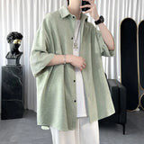 WIAOFELLAS  -  Summer Cool Men Short-sleeved Shirt Solid Color Fashion Plicated Casual Loose Button Shirt Male Clothing Tops