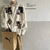 Wiaofellas  -  Men New Chinese Style Pure Cotton Printed Lapel Single-breasted Shirt Long-sleeved Trendy Loose and Versatile Shirt White