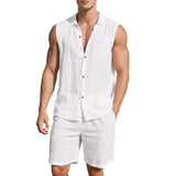 Wiaofellas  -  Men's Linen Sleeveless Shirt and Shorts Set Casual Two Piece Outfit