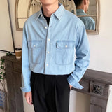 WIAOFELLAS  -  American Vintage Men's Denim Shirt Safari Style Double Pocket Lapel Long Sleeve Top Spring Autumn Fashion Streetwear Shirts Male