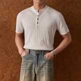 Wiaofellas  -  Men's Henley Short Sleeve Knit T-Shirt Summer Breathable Cable Texture Slim Fit Old Money Style Top Youth Street Tees